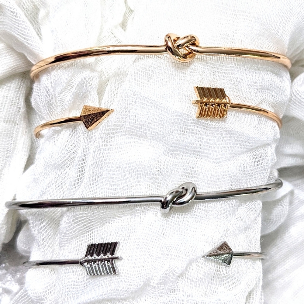 DCLF Arrow and Knot Open Bangle Bracelet Set in Goldtone or Silvertone